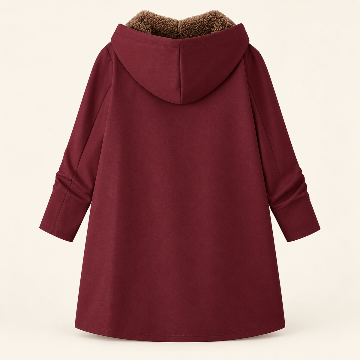 Saoirse long hooded sherpa-lined coat in Burgundy, back view