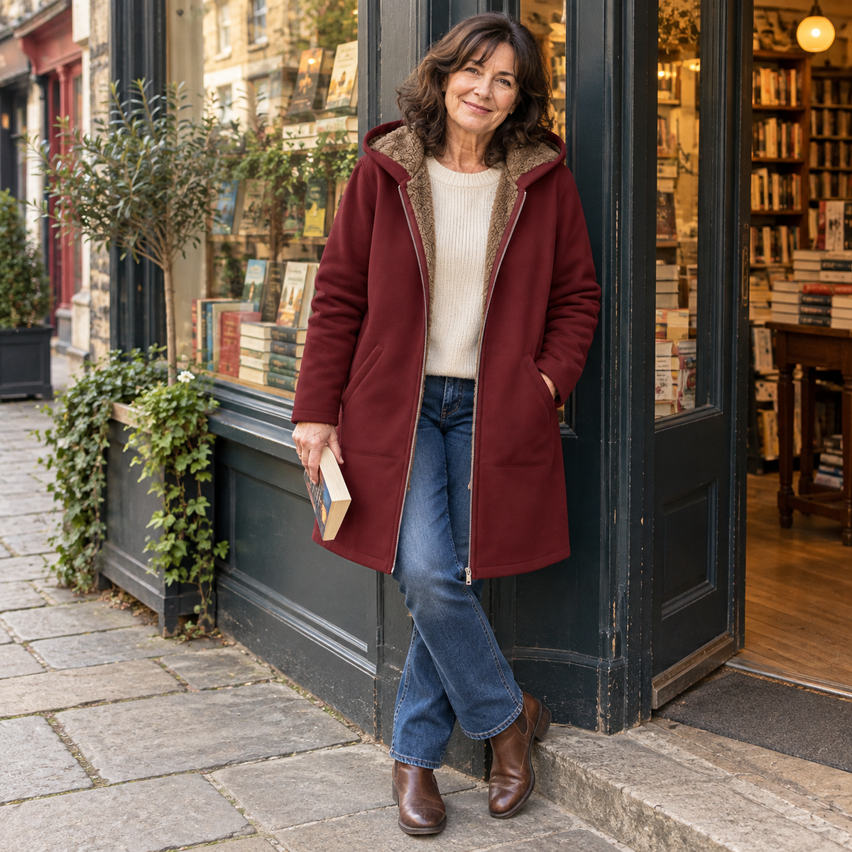 Saoirse long hooded sherpa-lined coat in Burgundy, worn by model