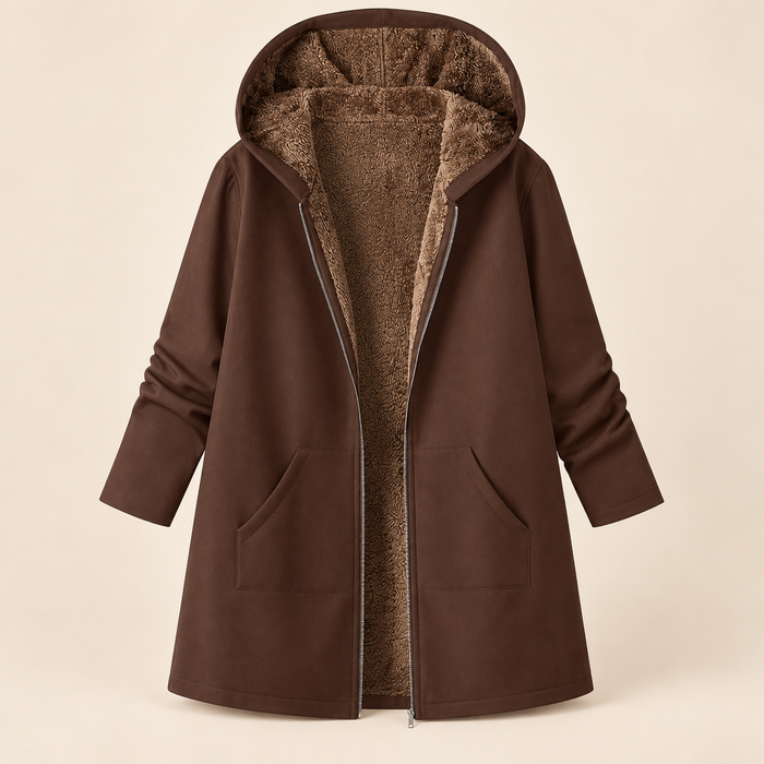 Rosheen long hooded sherpa-lined coat in Coffee Brown, front view showing sherpa lining