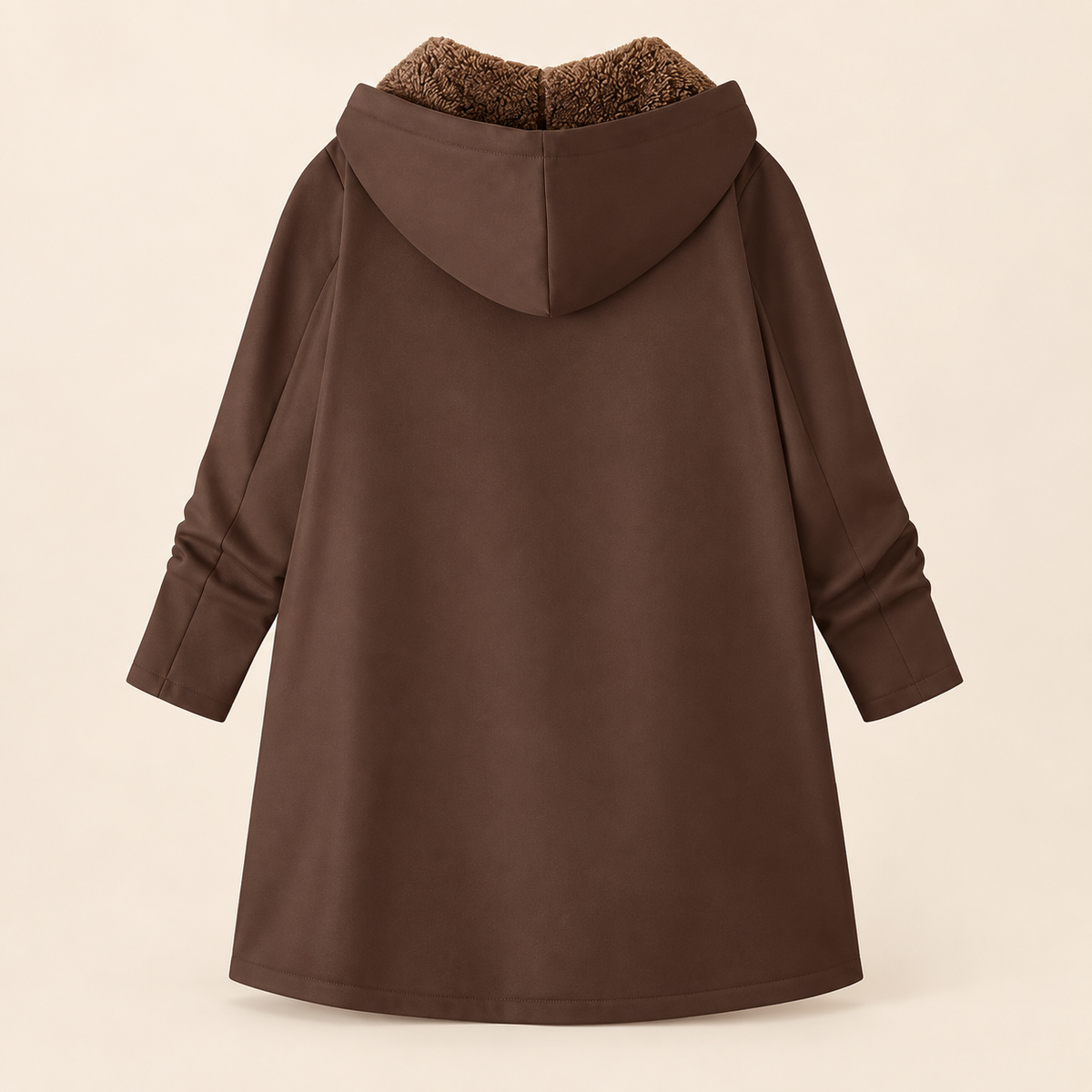 Rosheen long hooded sherpa-lined coat in Coffee Brown, back view