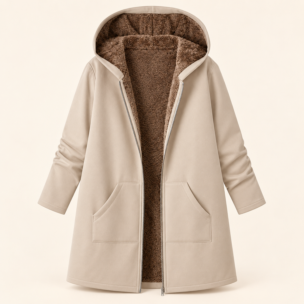 Ailsie long hooded sherpa-lined coat in Khaki, front view showing sherpa lining