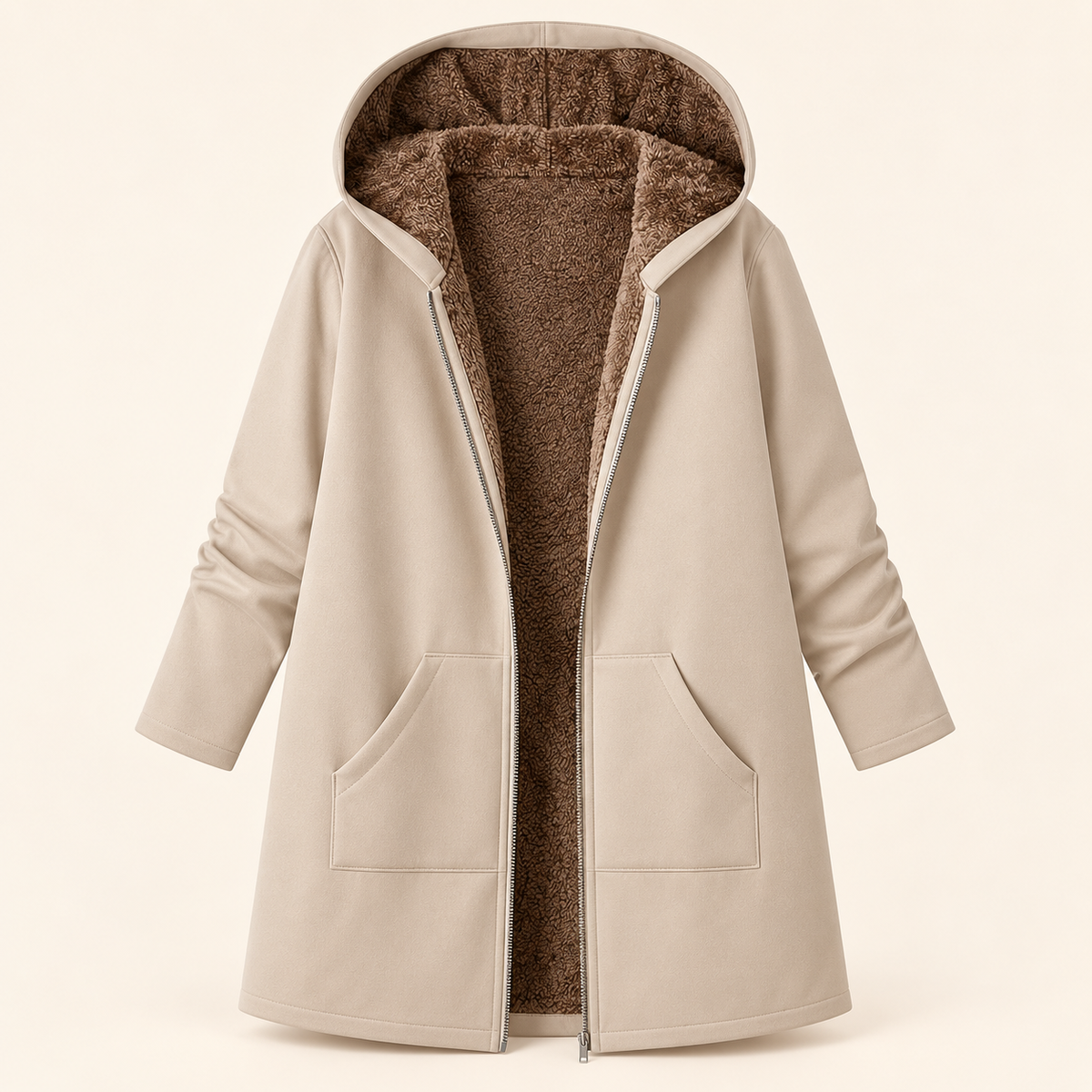 Ailsie long hooded sherpa-lined coat in Khaki, front view showing sherpa lining