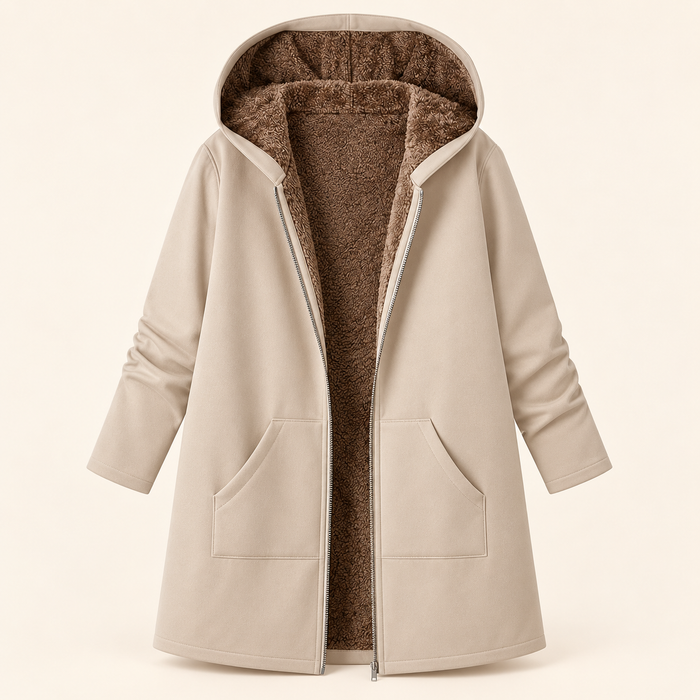 Ailsie long hooded sherpa-lined coat in Khaki, front view showing sherpa lining