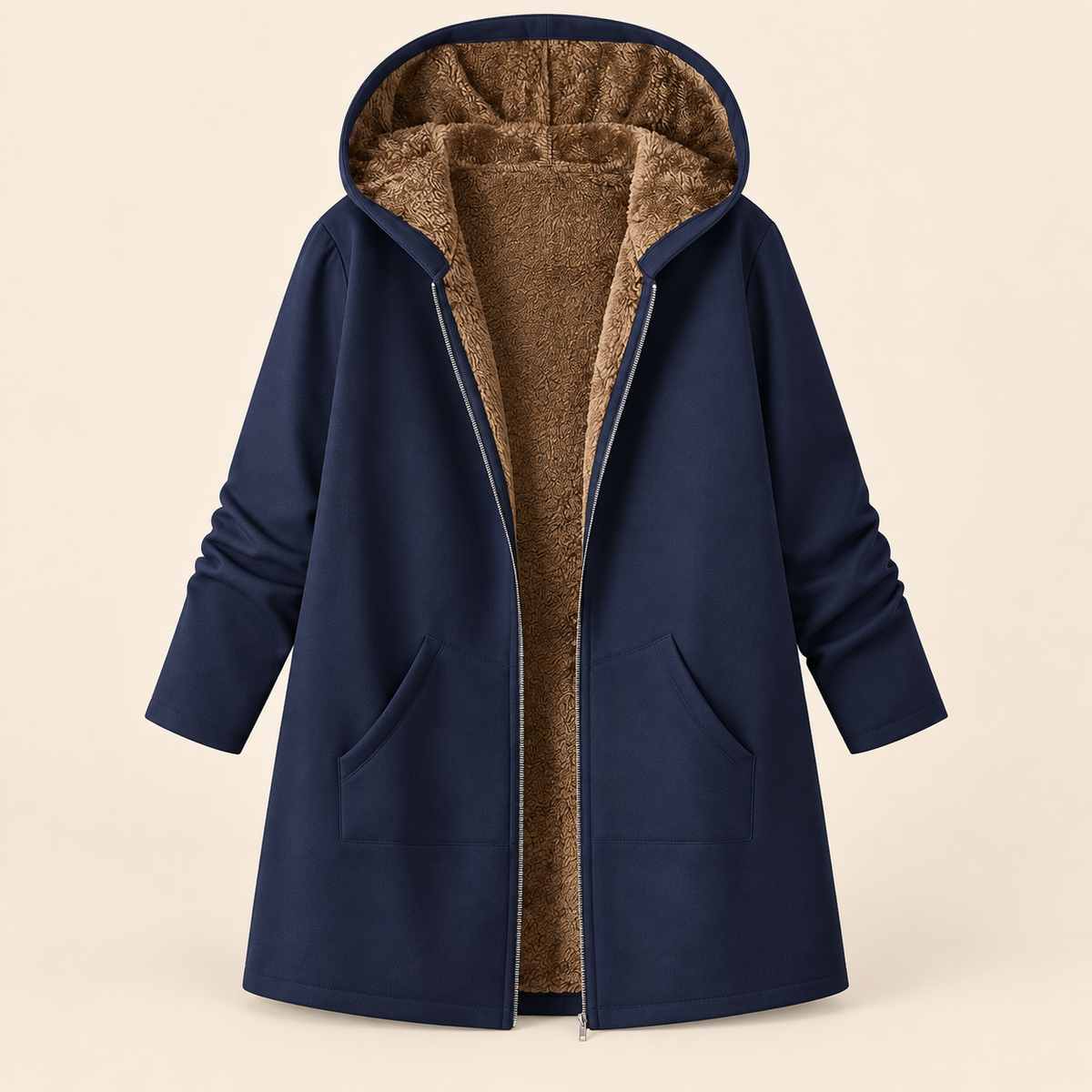 Morna long hooded sherpa-lined coat in Navy, front view showing sherpa lining