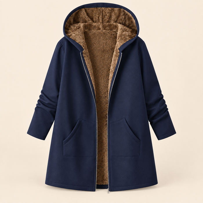 Morna long hooded sherpa-lined coat in Navy, front view showing sherpa lining