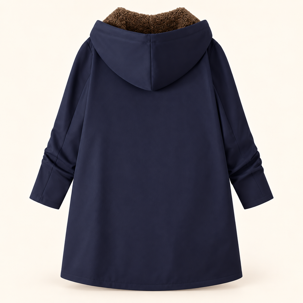Morna long hooded sherpa-lined coat in Navy, back view