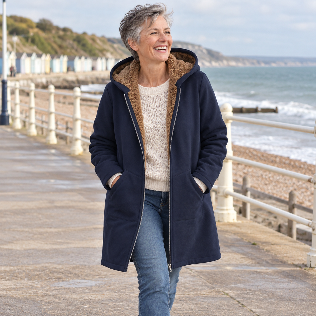 Morna long hooded sherpa-lined coat in Navy, worn by model