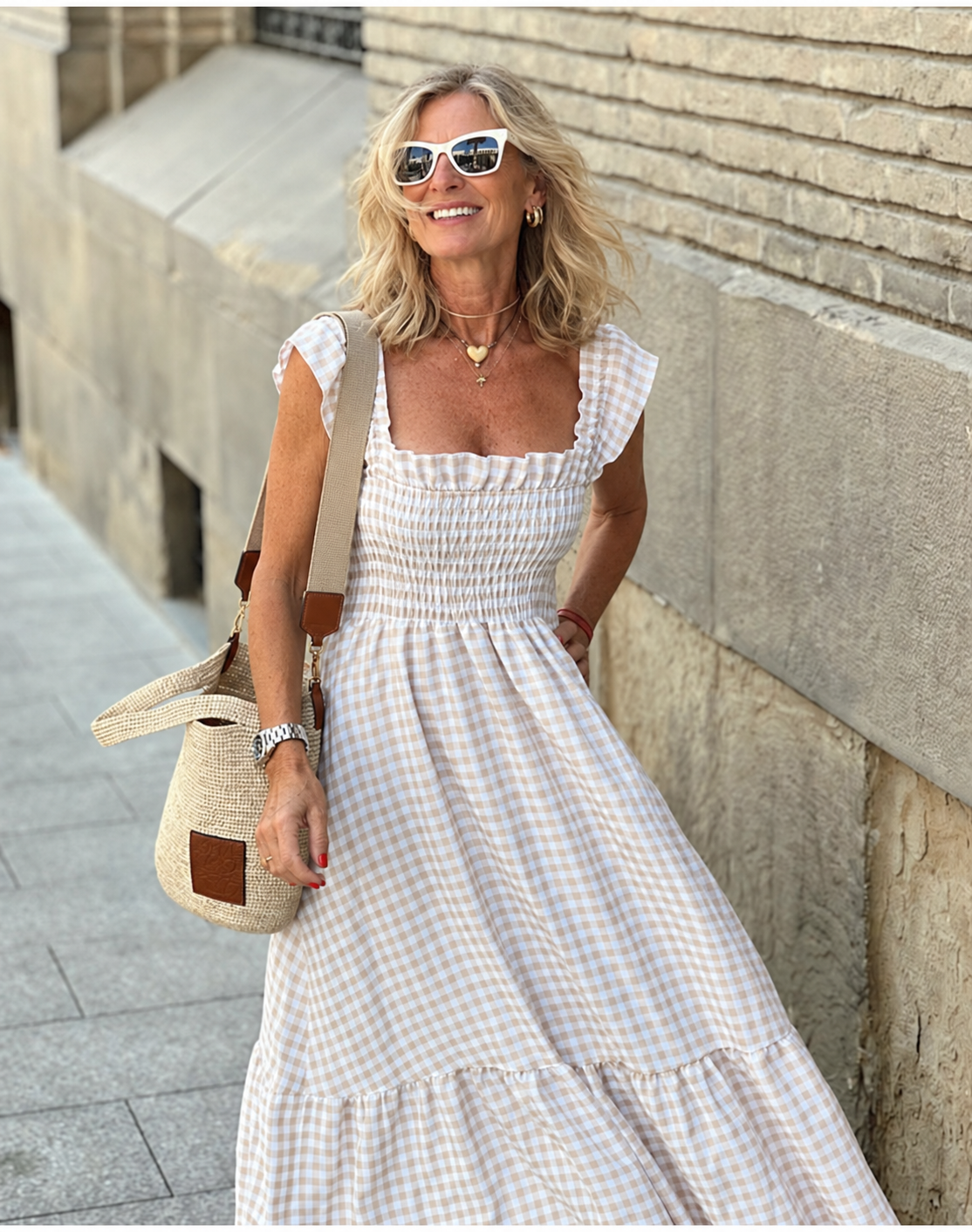 Tillie gingham maxi dress on a mature blonde British woman, view 10
