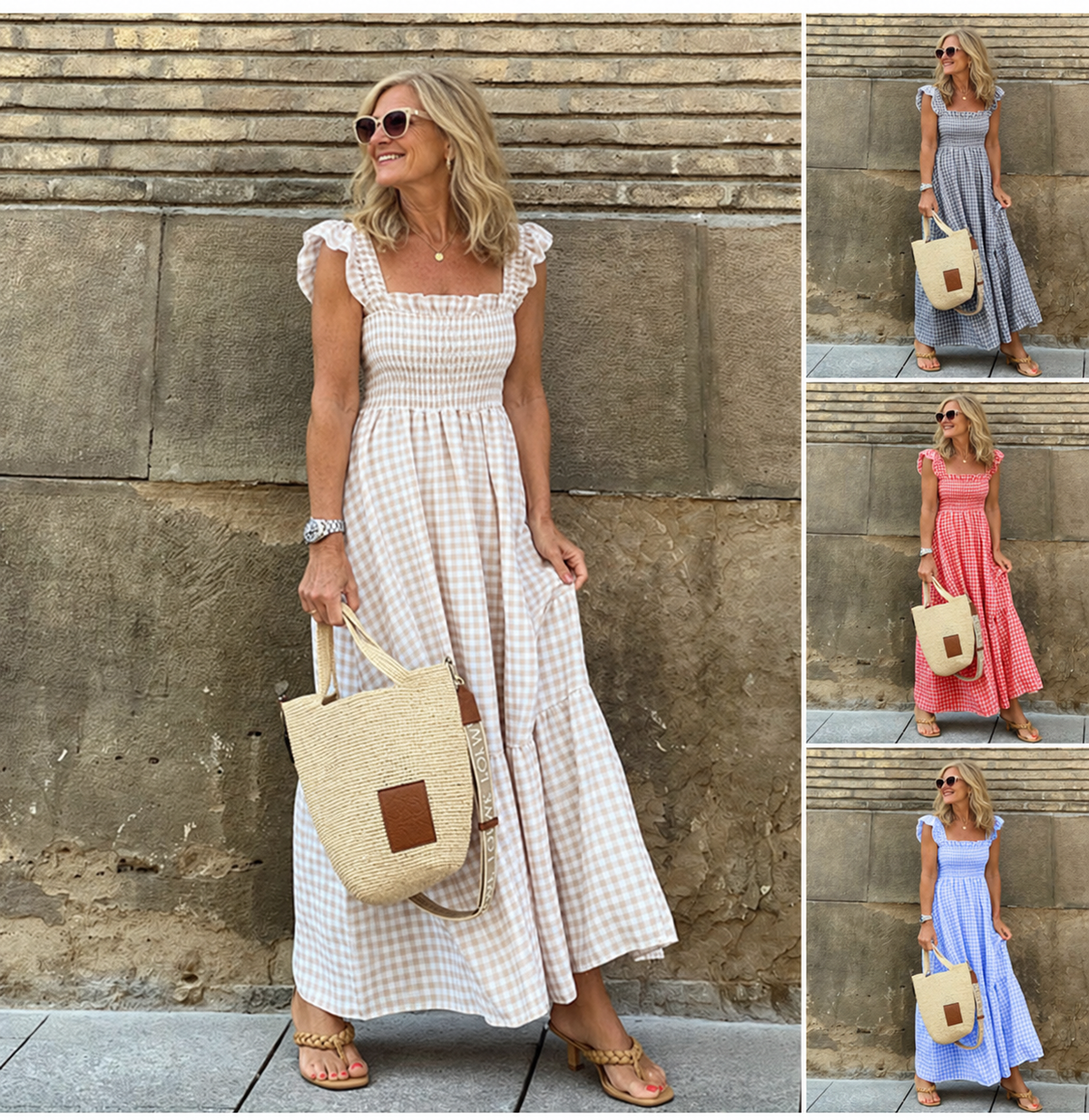 Tillie gingham maxi dress on a mature blonde British woman, view 11