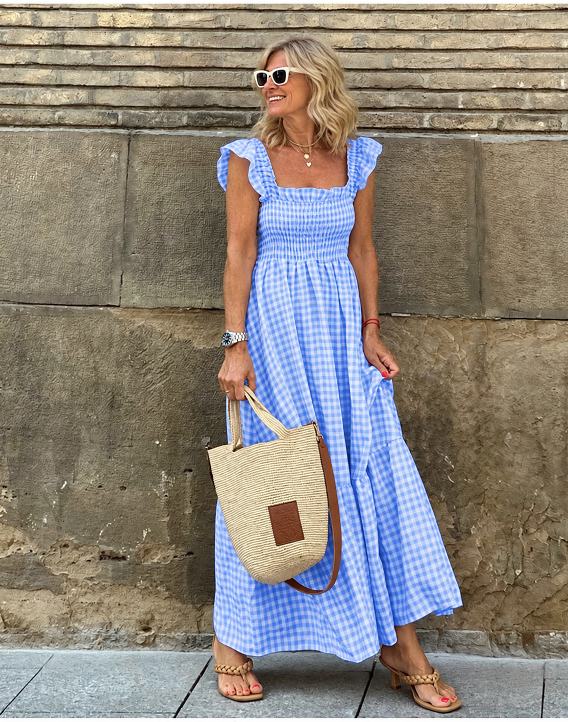 Tillie gingham smocked maxi dress in blue, full-length front view