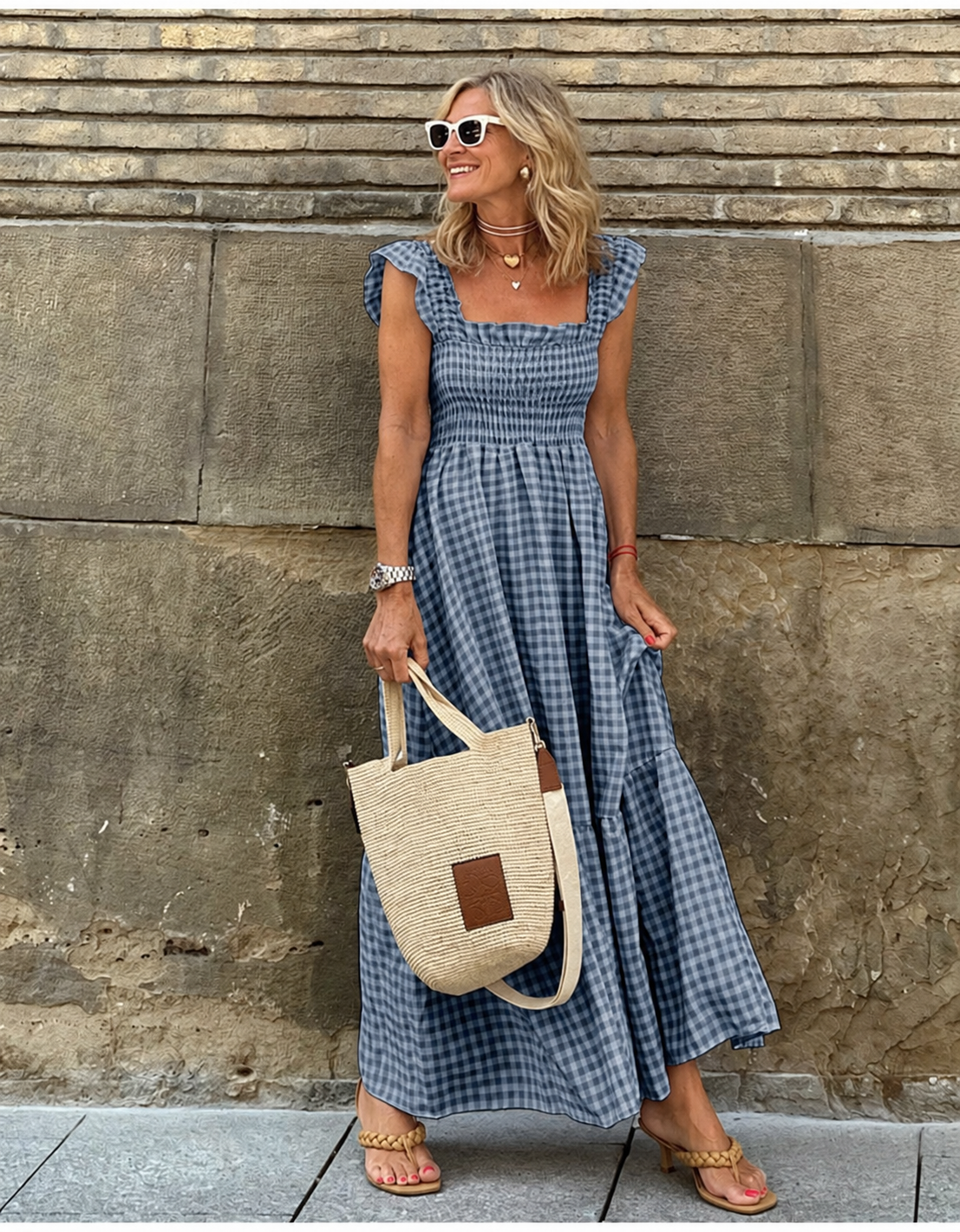 Tillie gingham smocked maxi dress in grey, full-length front view