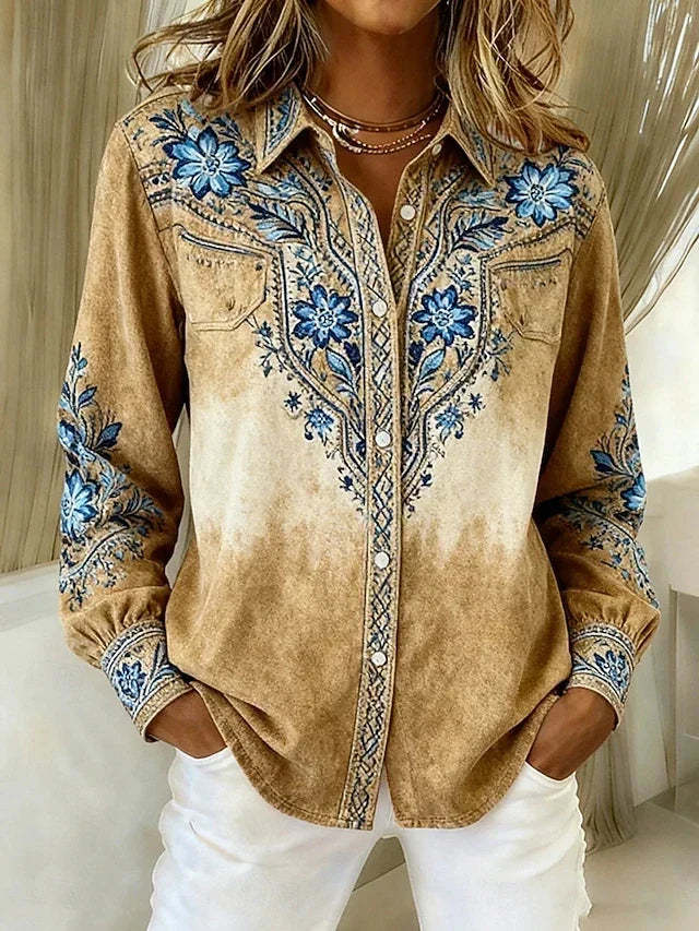 Tucson Western floral blouse in blue flower print on tan, front view
