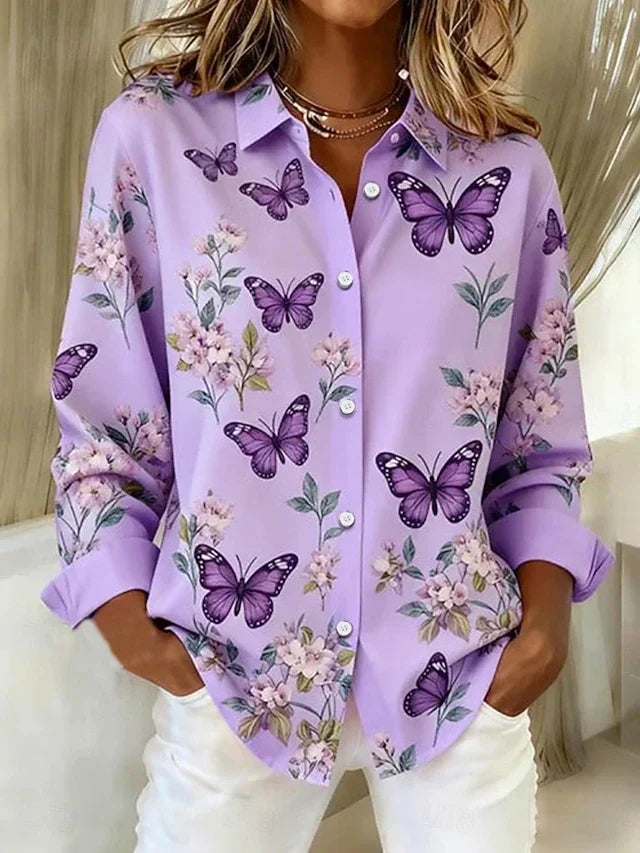 Dahlia butterfly print blouse in lilac purple, front view
