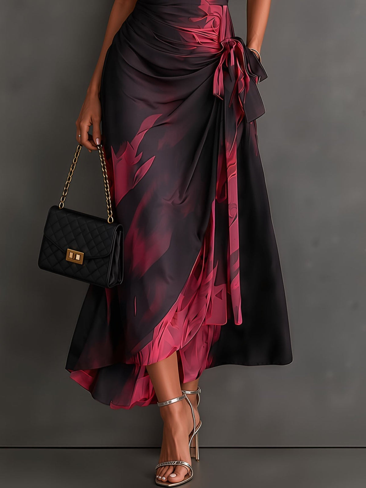 BEATRICE | BURGUNDY ABSTRACT PRINT MIDI WRAP DRESS