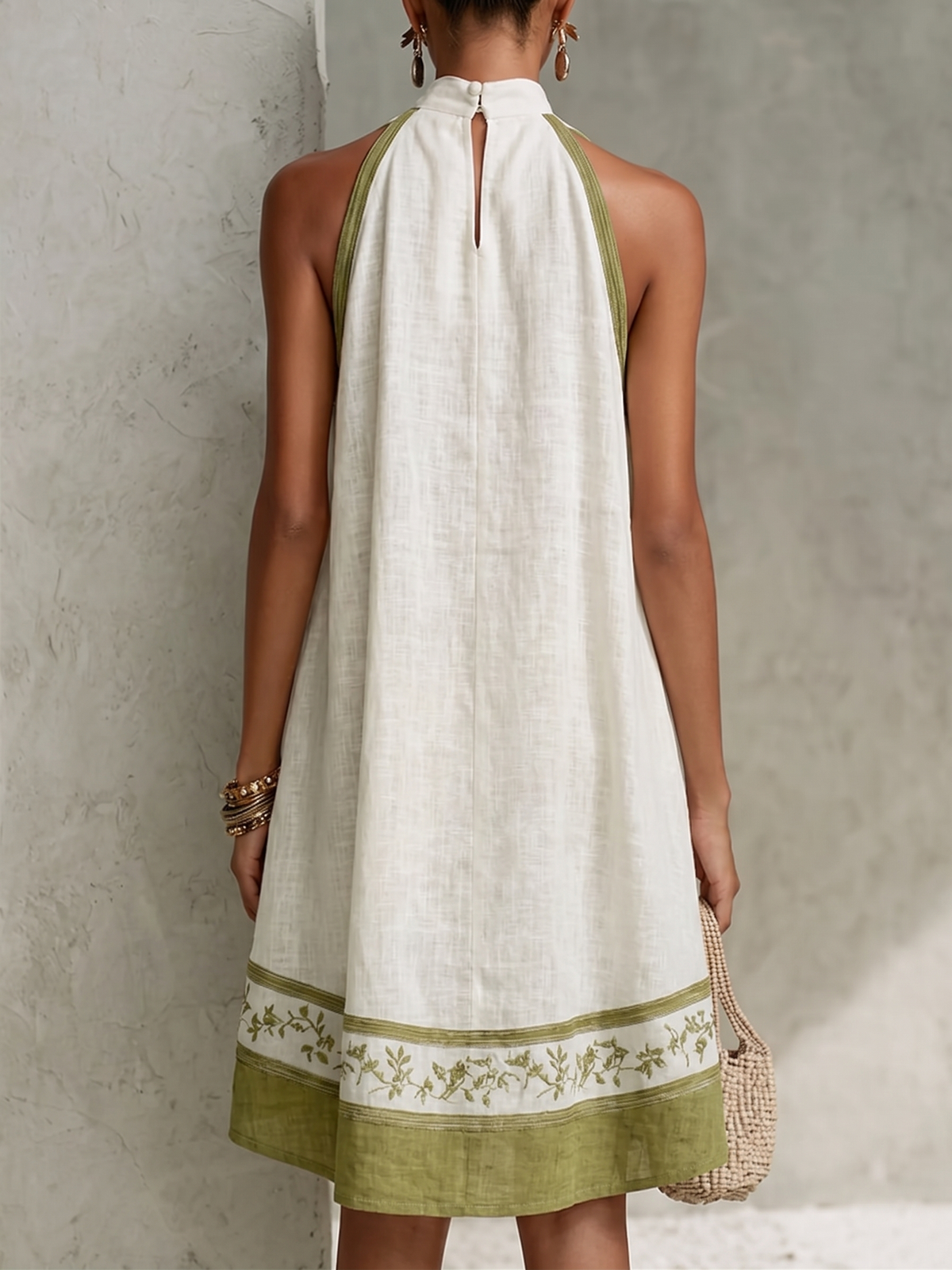 AGATHE | WHITE AND OLIVE FLORAL SLEEVELESS A-LINE MINI DRESS