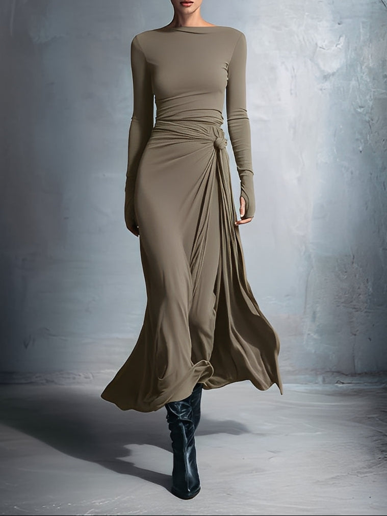 Posy side-knot maxi dress in khaki, full-length front view