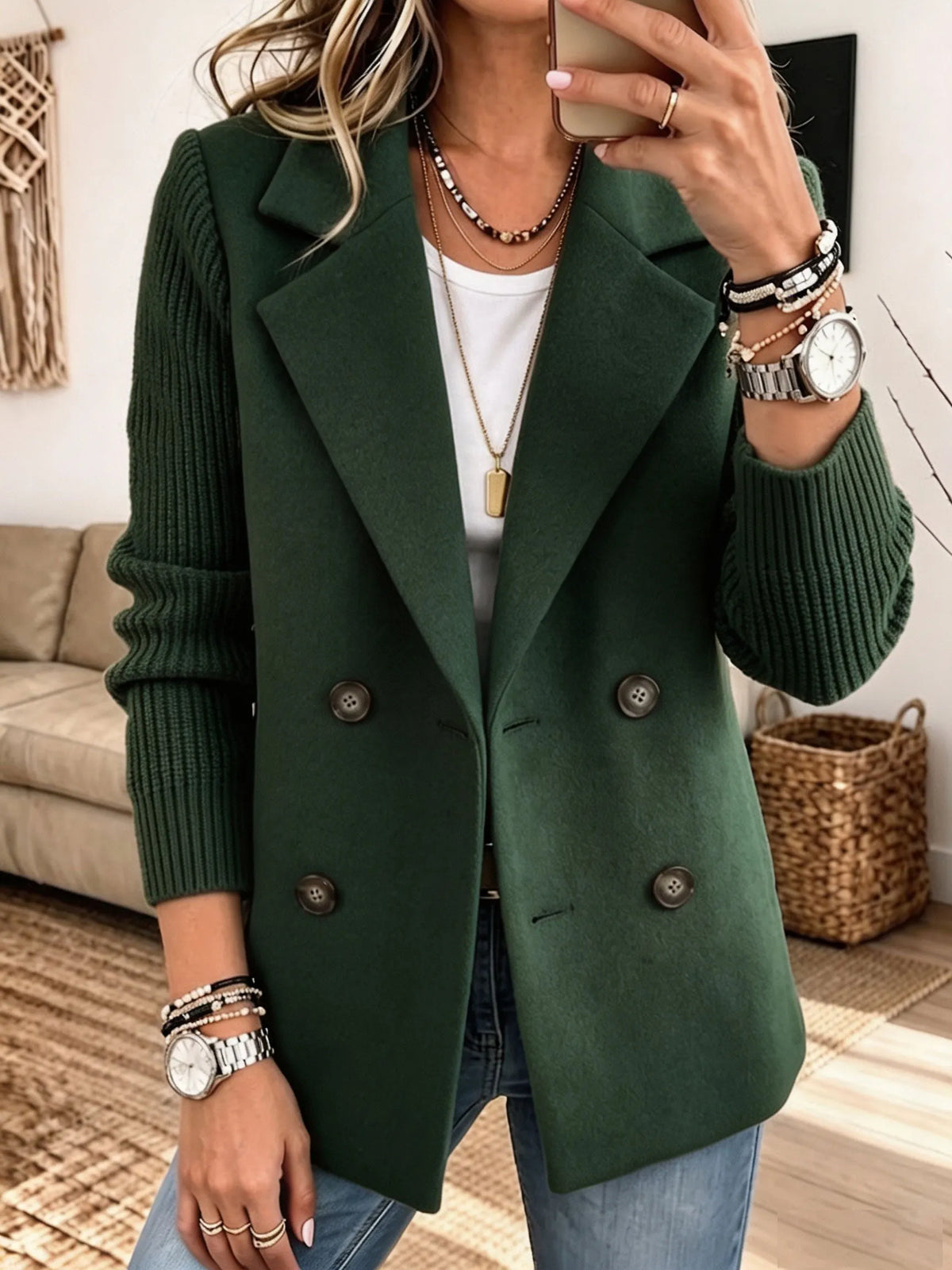 Clementina double-breasted blazer in green, front view