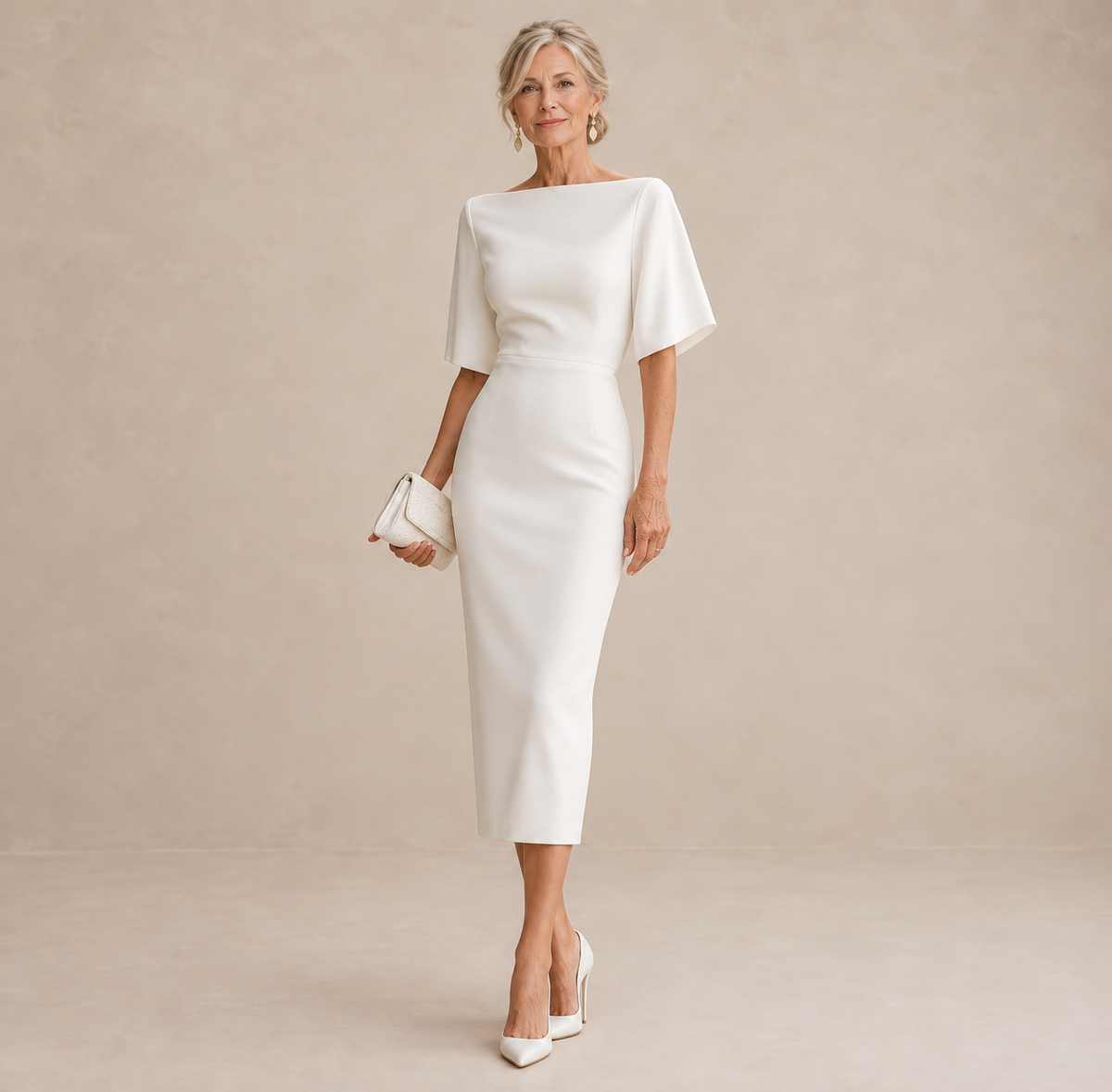 Verity ivory boat-neck structured midi dress, mature blonde model, view 1