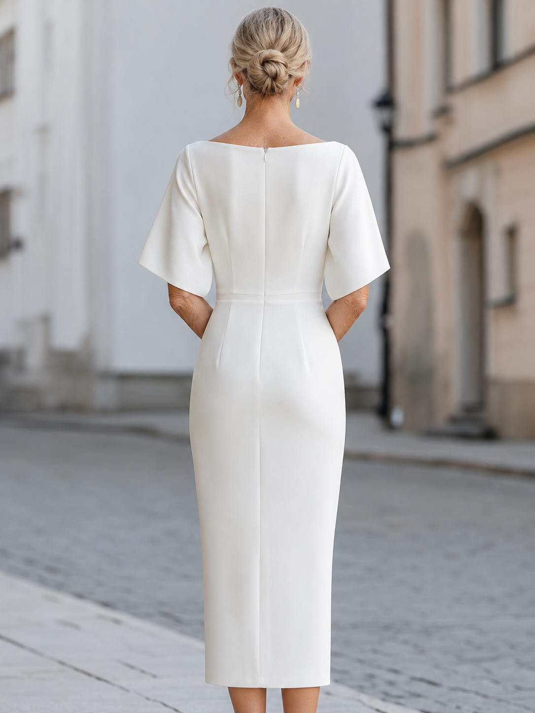 Verity ivory boat-neck structured midi dress, mature blonde model, view 6