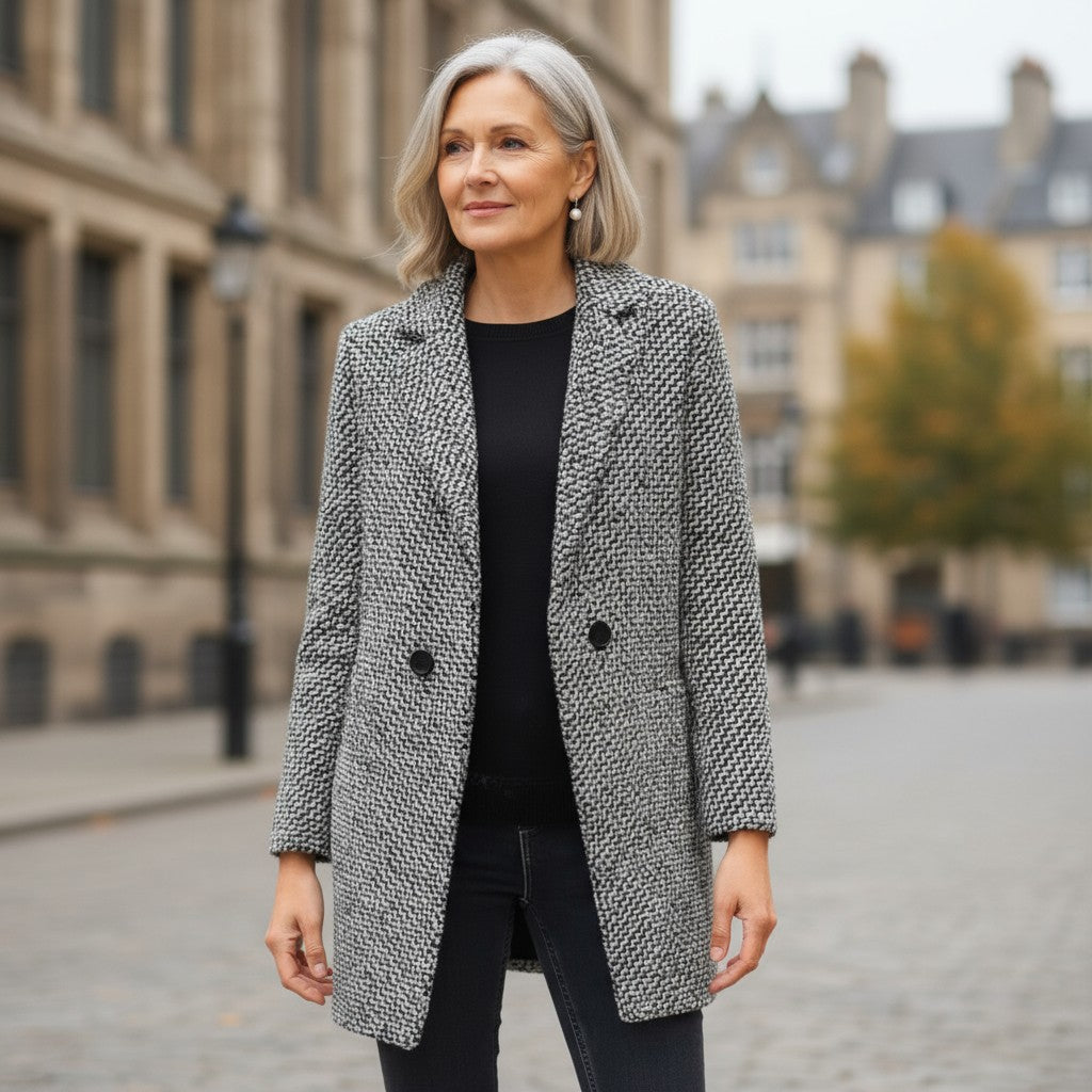 Venetia long wool coat in black and white, front view on a city street