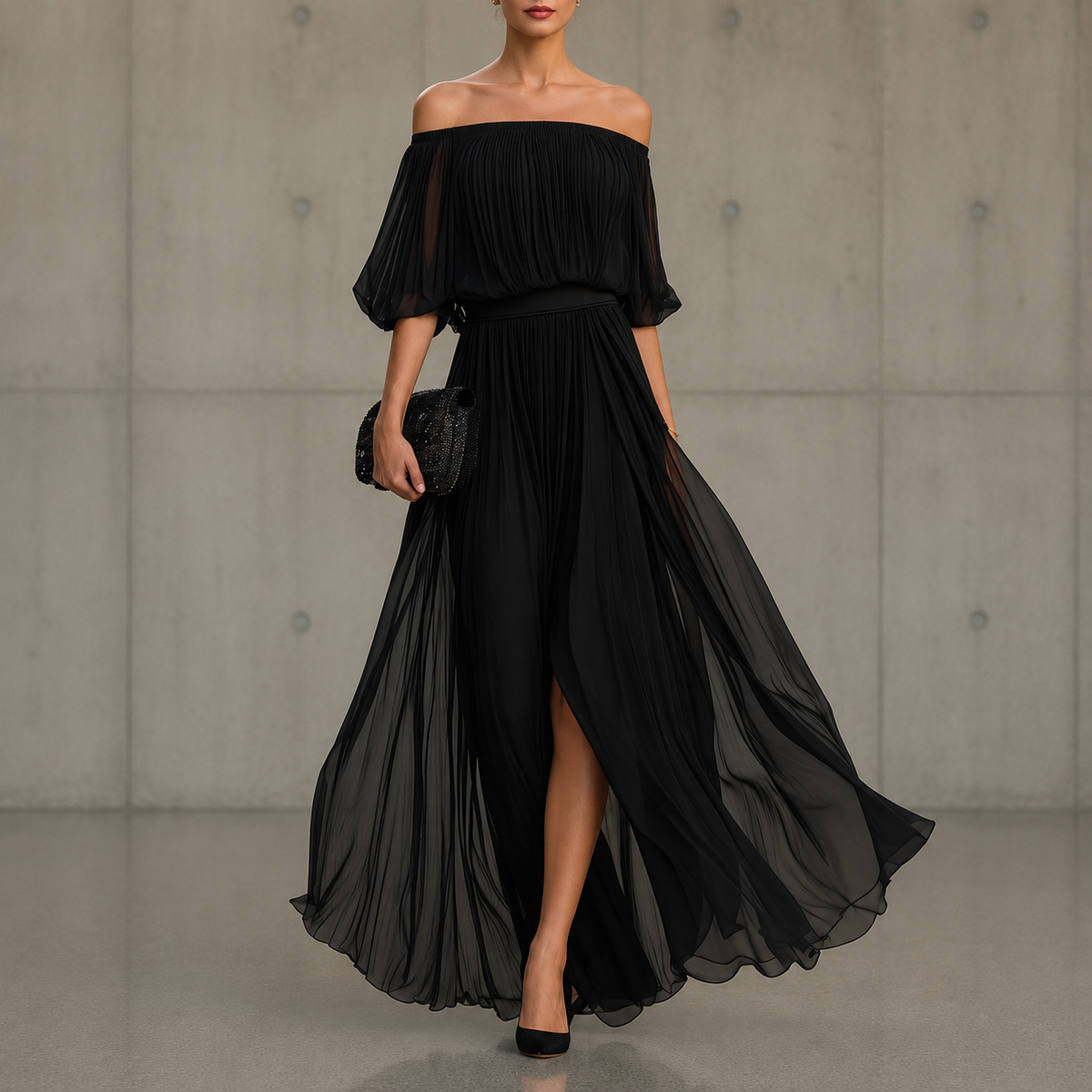 Doreen off-shoulder chiffon maxi dress in black, full-length front view