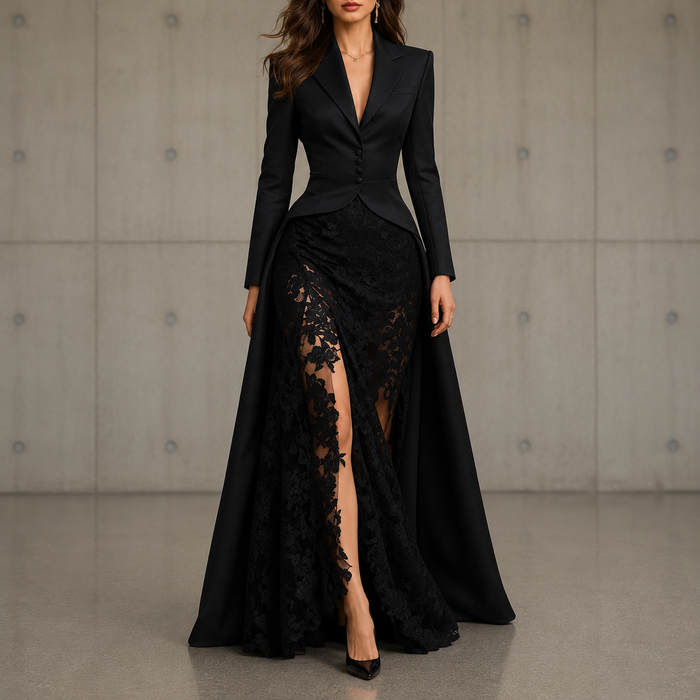 Rosen tailored jacket and lace skirt set in Black, front view
