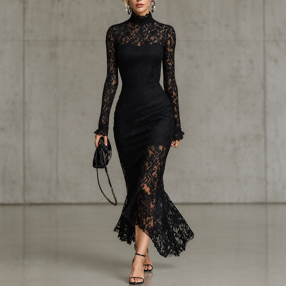 Lowena high-neck lace maxi dress in Black, front view