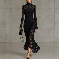 LOWENA | HIGH-NECK LACE MAXI DRESS WITH LONG SLEEVES
