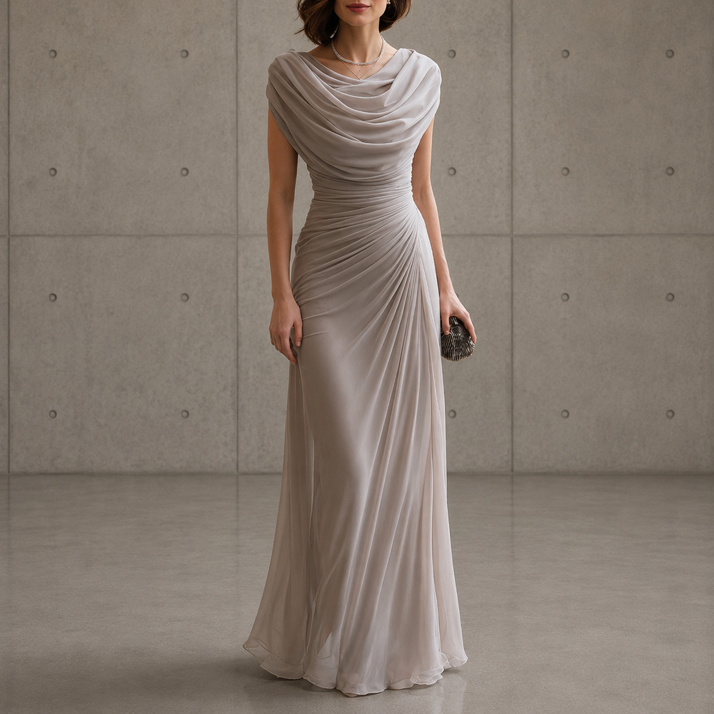 Llinos draped cowl-neck maxi dress in taupe, full-length front view