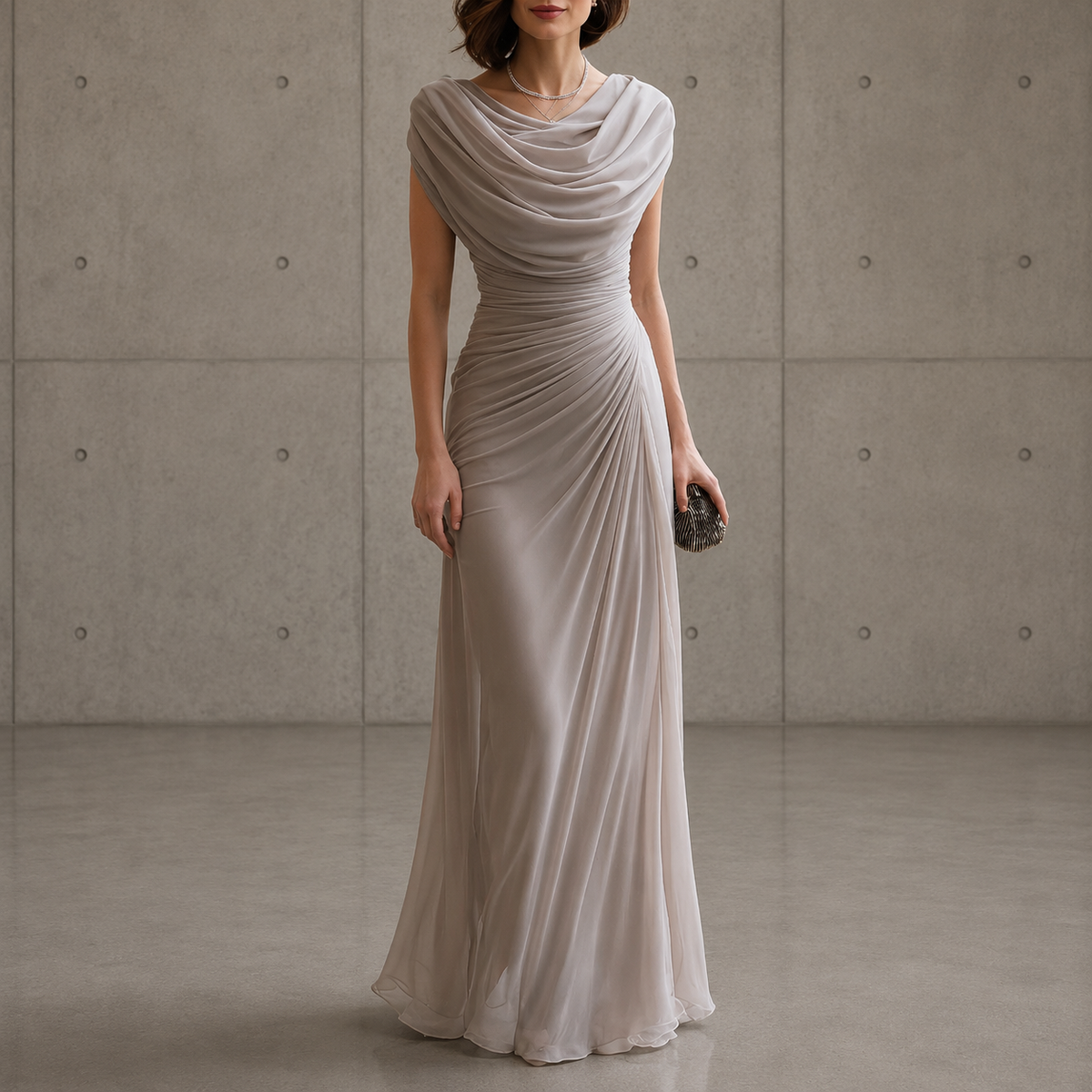 Llinos draped cowl-neck maxi dress in taupe, full-length front view