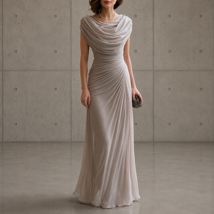Llinos draped cowl-neck maxi dress in taupe, full-length front view