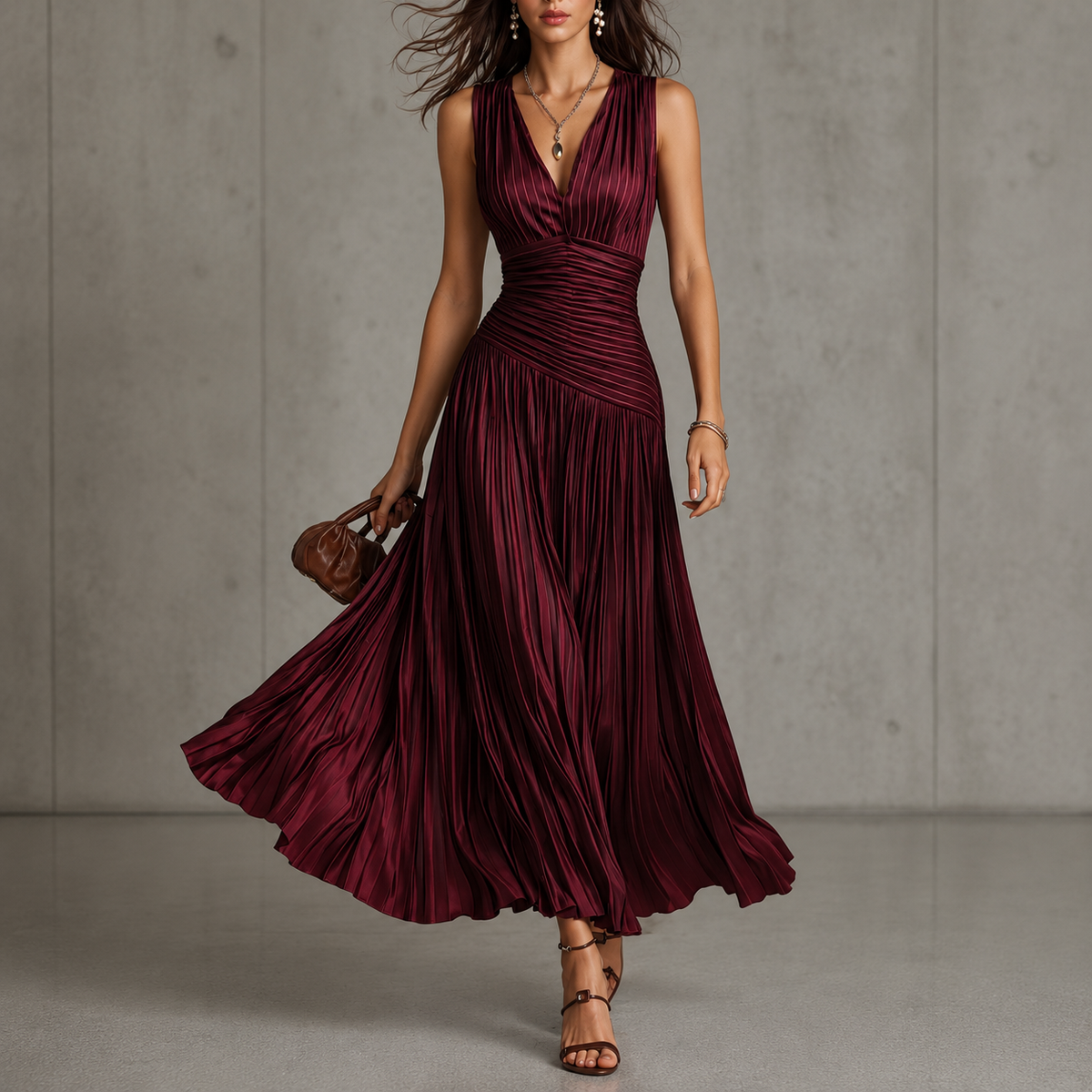 Delen pleated maxi dress in wine red, front view