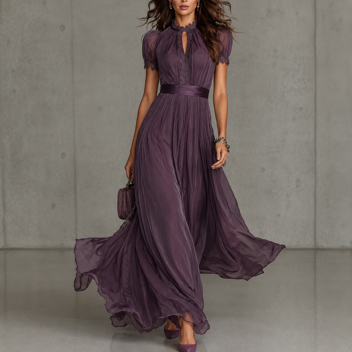 Hafwen chiffon maxi dress in plum, front view