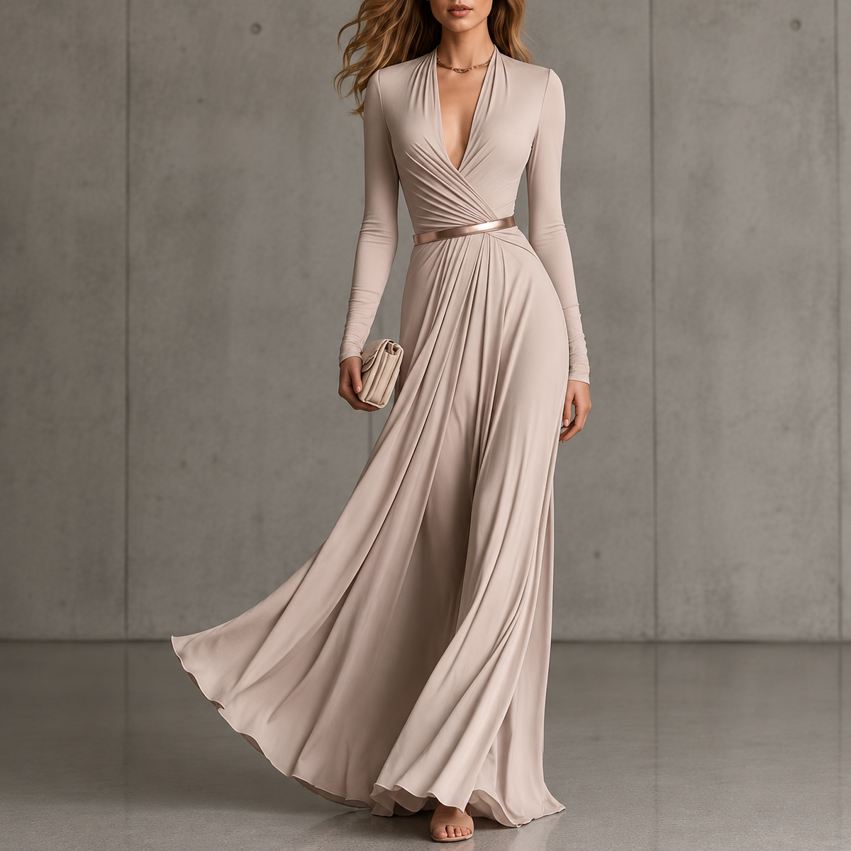 Kerra wrap maxi dress in apricot, front view