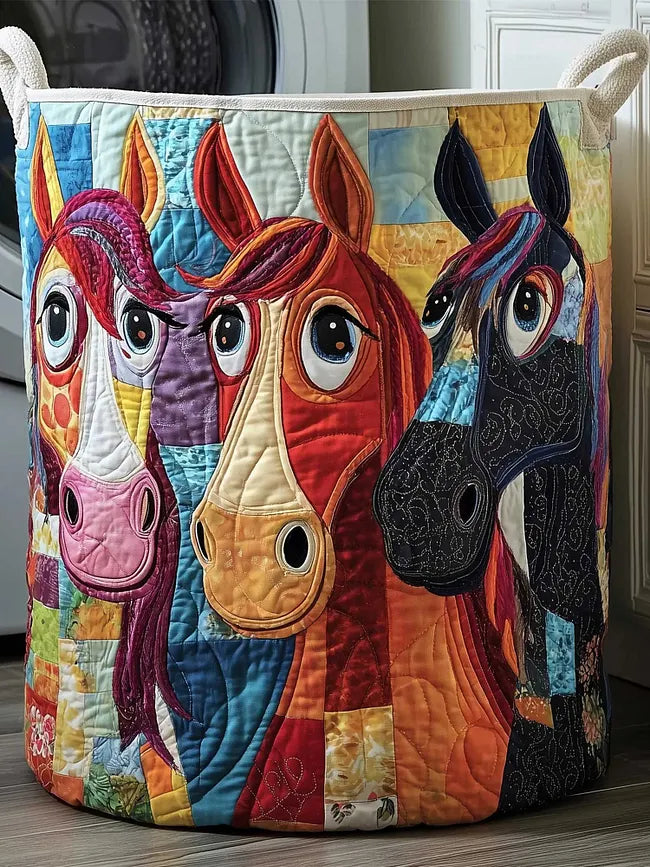 Agata hand-quilted laundry basket with three colourful patchwork horses, front view