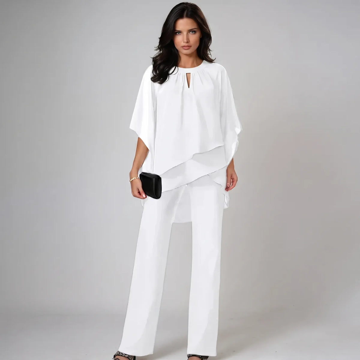 Mercy layered chiffon top and trouser set in white, full-length front view