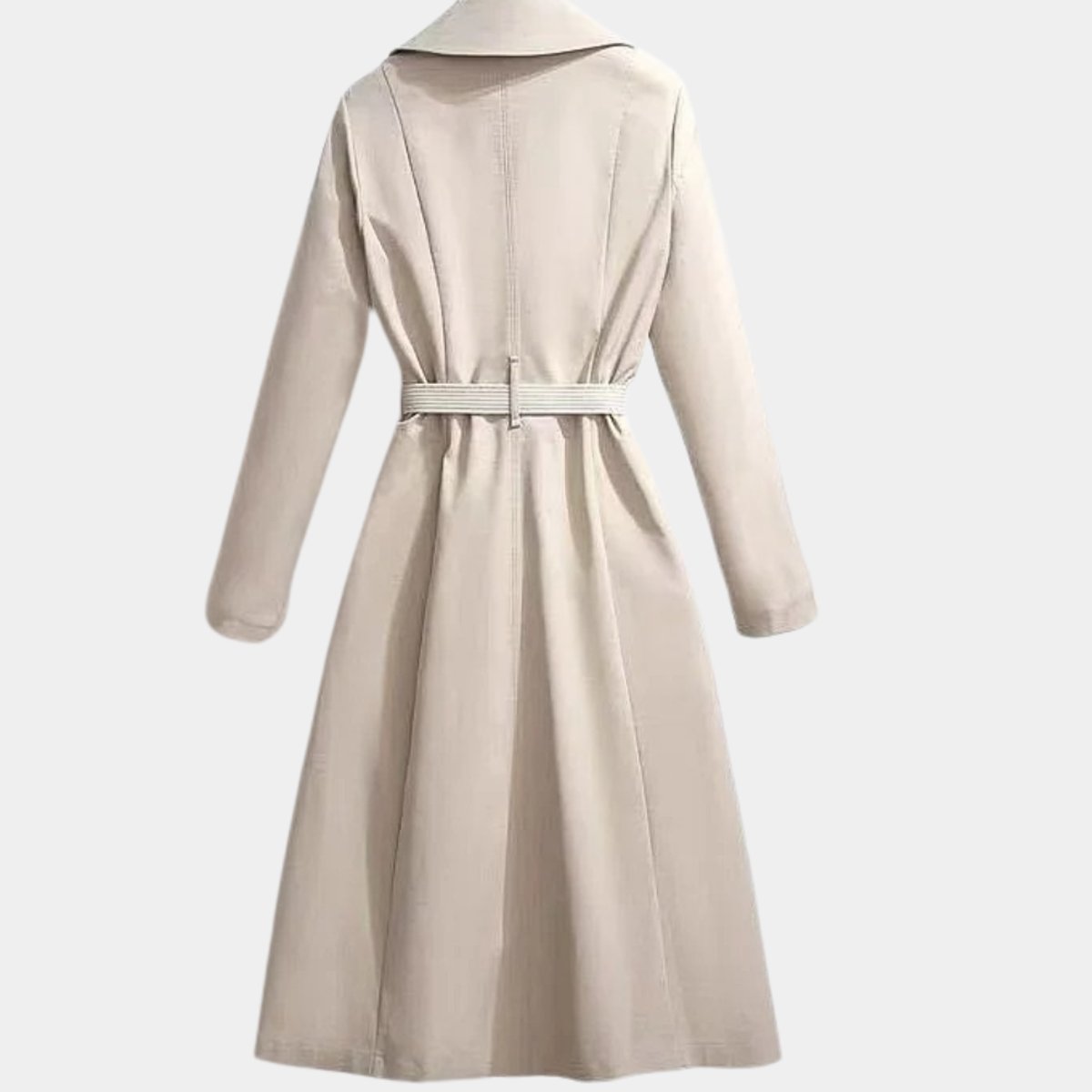 Clarice belted midi trench coat in beige, back view with panelled seams