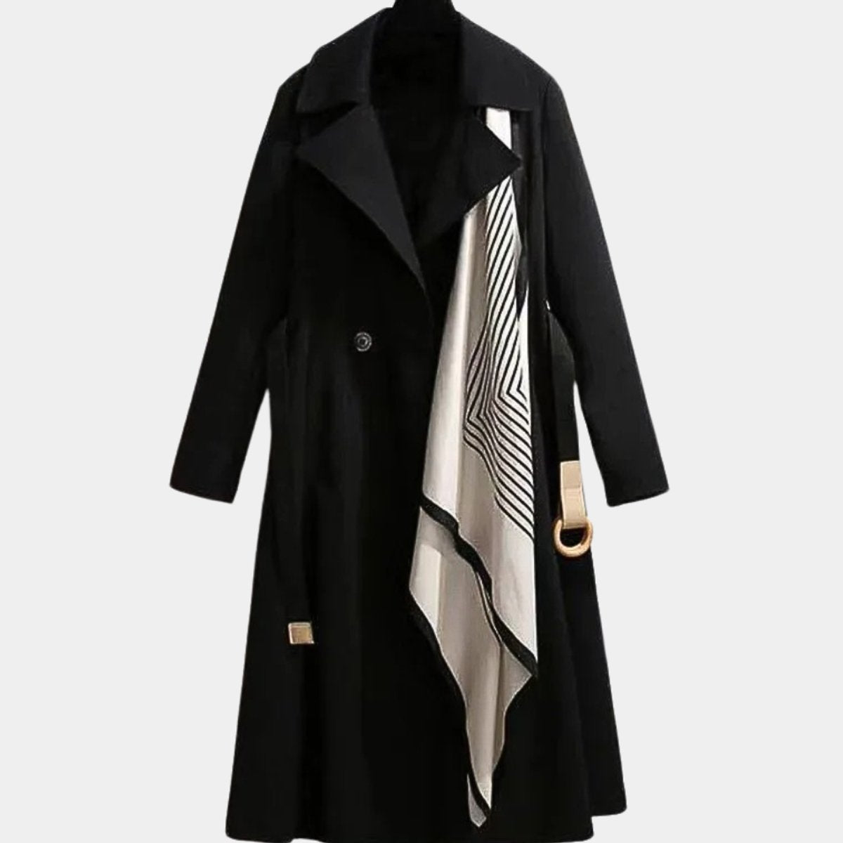 Clarice belted midi trench coat in black, front view worn open