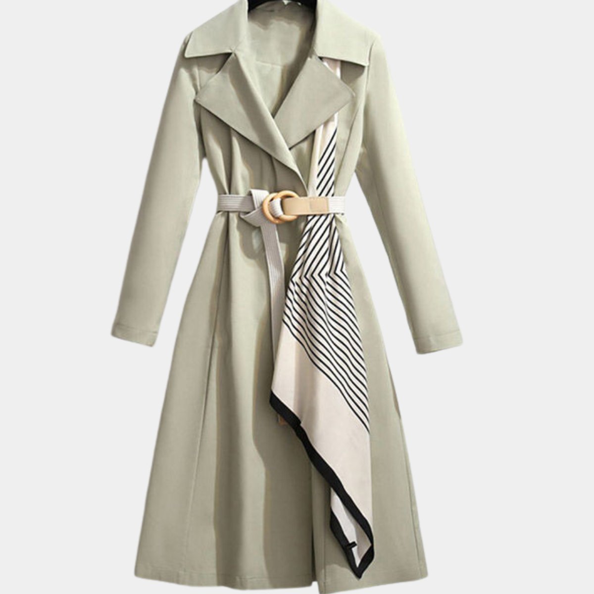 Clarice belted midi trench coat in green, front view with striped scarf detail