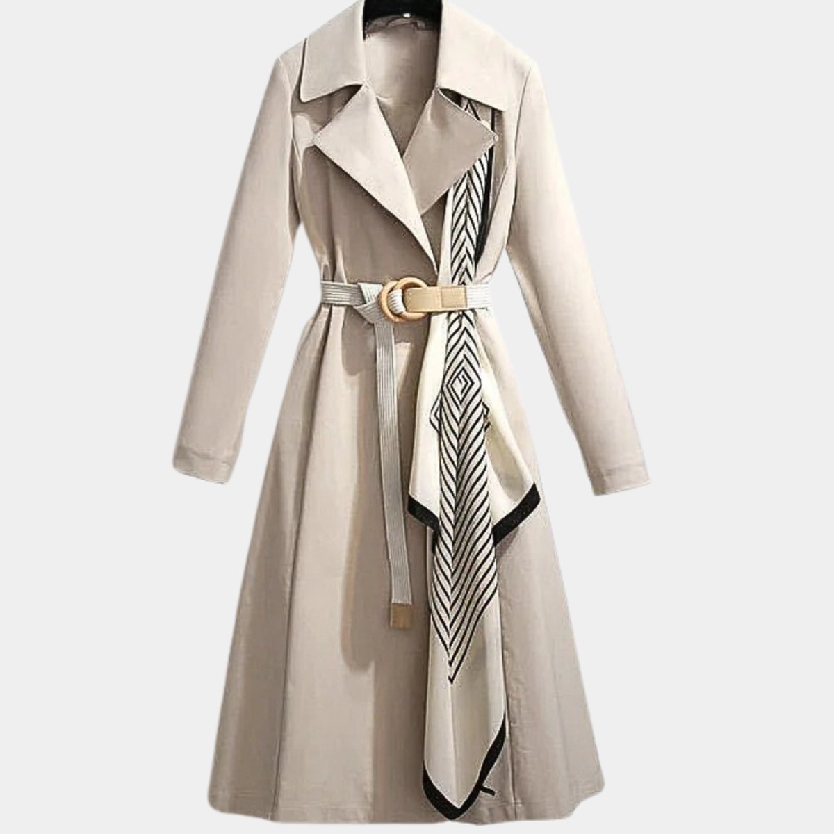 Clarice belted midi trench coat in beige, front view with ring-buckle belt