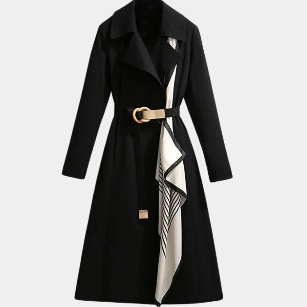 Clarice belted midi trench coat in black, front view with striped scarf detail