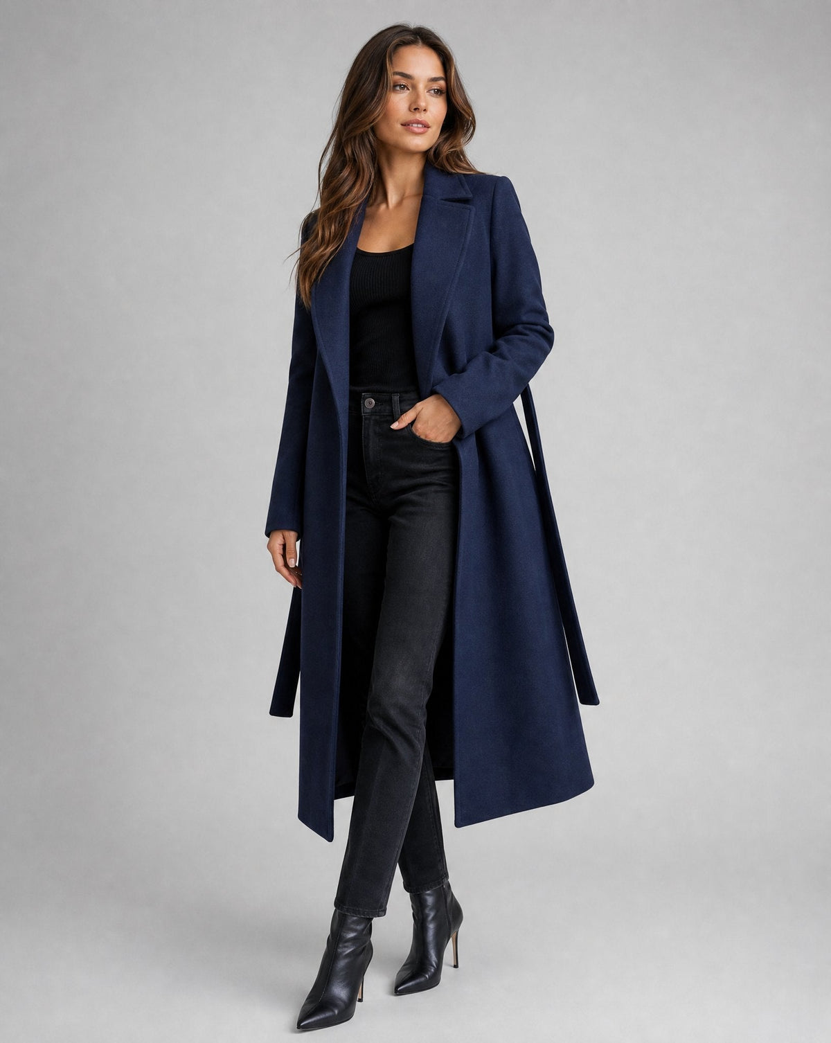 Josie long belted lapel coat in navy, full-length front view with loose belt