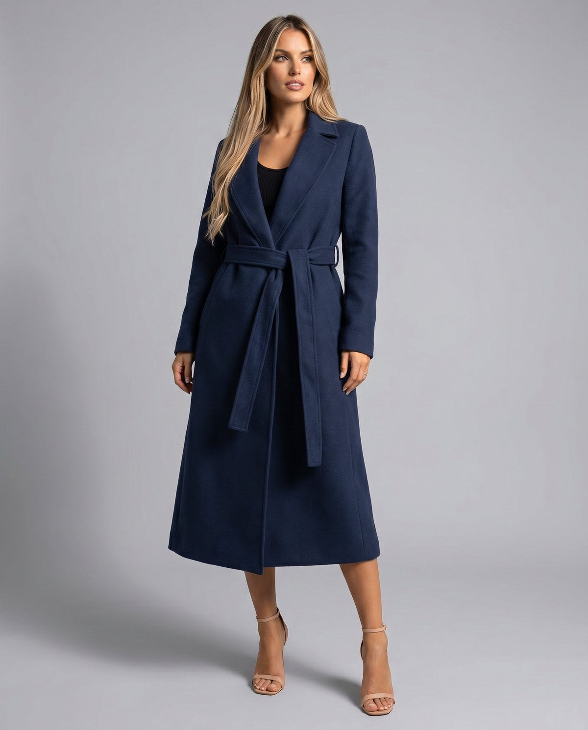 Josie long belted lapel coat in navy, full-length front view belted at the waist