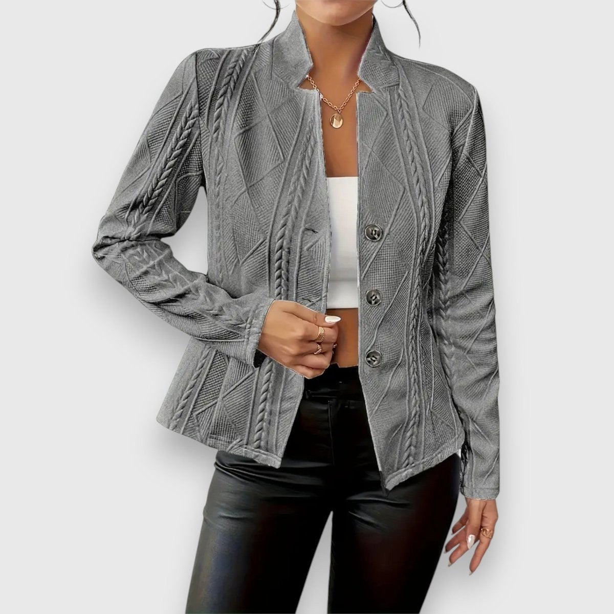 Loretta cable-textured button cardigan in grey, front view