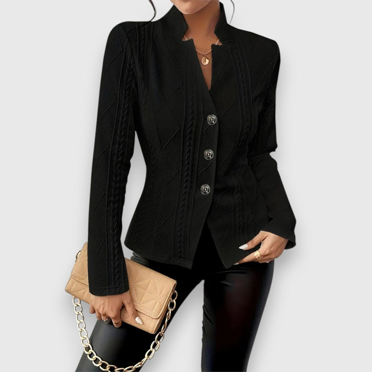 Loretta cable-textured button cardigan in black, front view