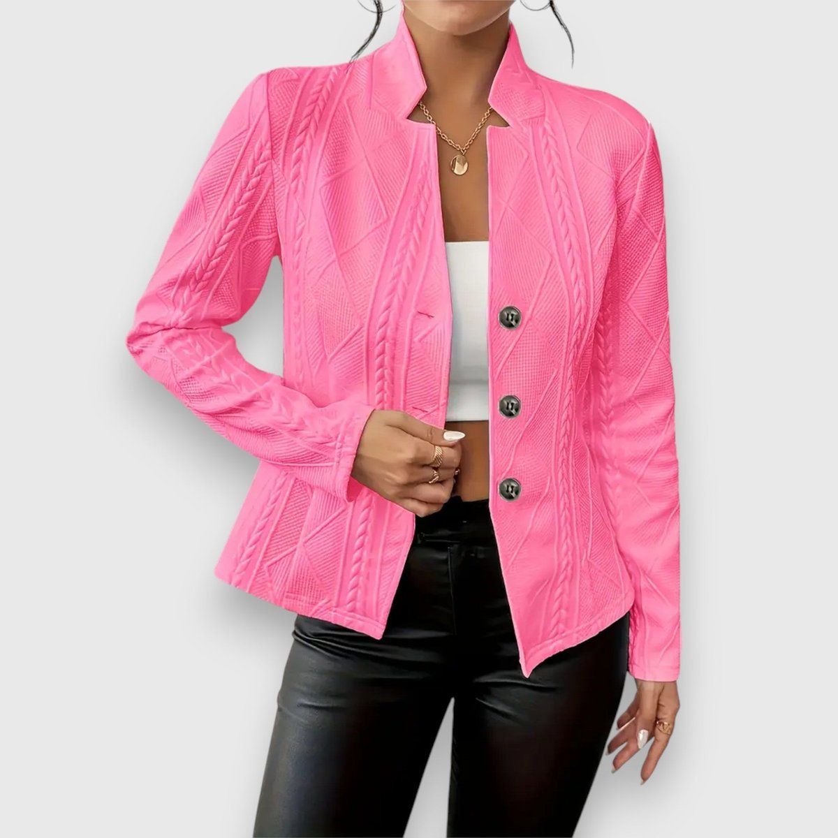 Loretta cable-textured button cardigan in pink, front view