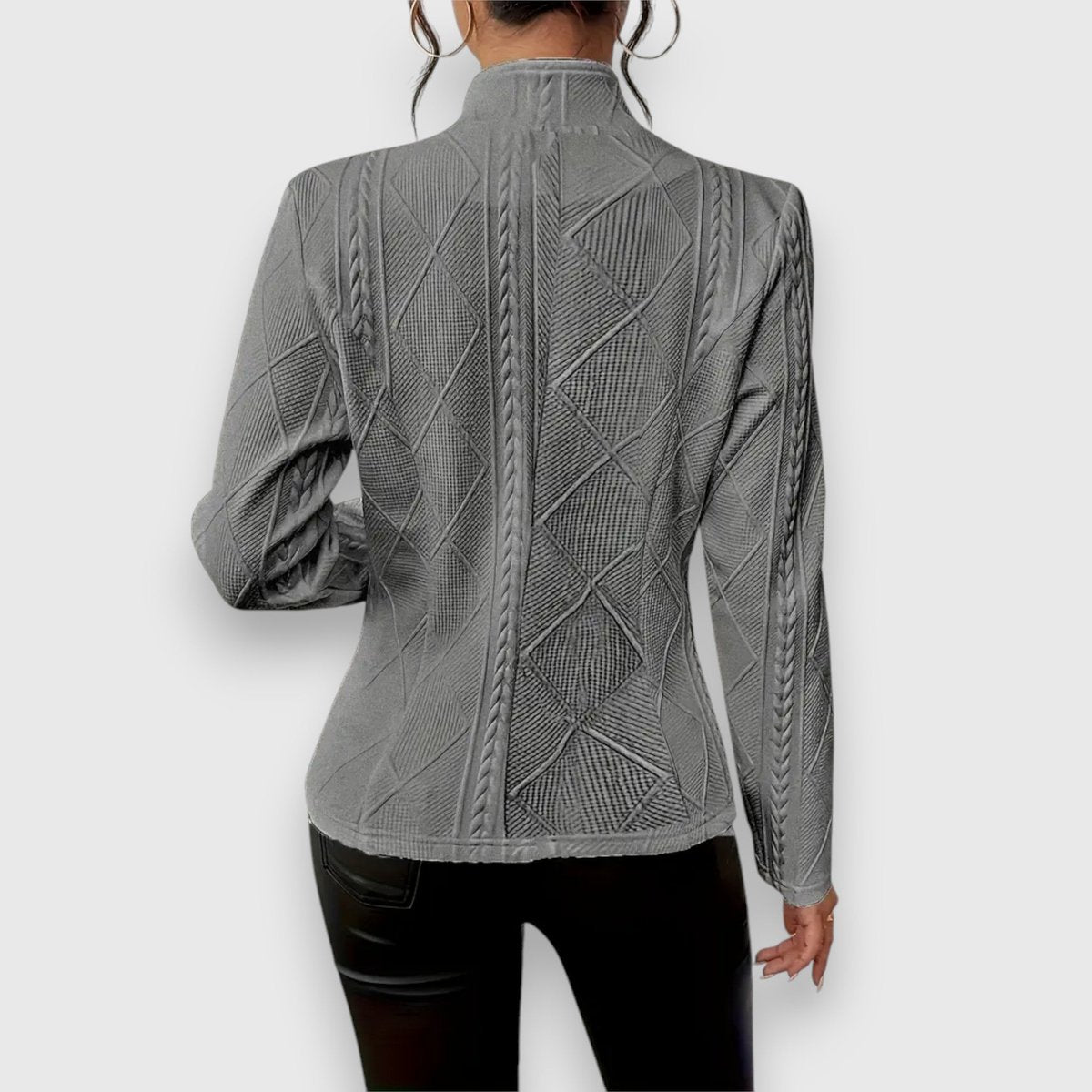 Loretta cable-textured button cardigan in grey, back view