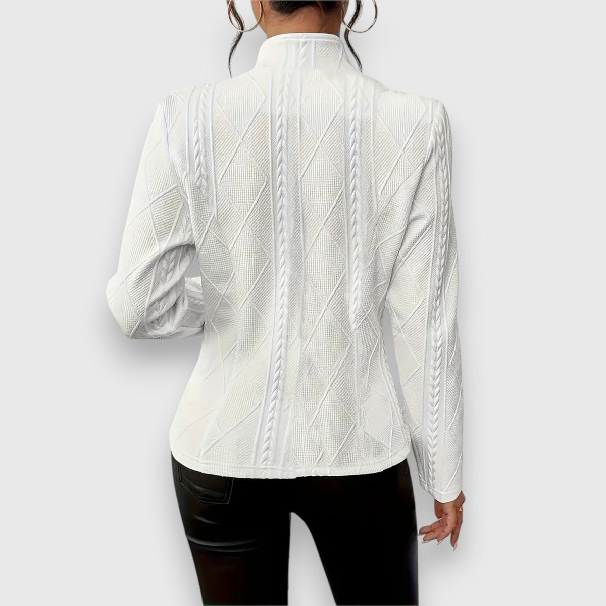 Loretta cable-textured button cardigan in white, back view