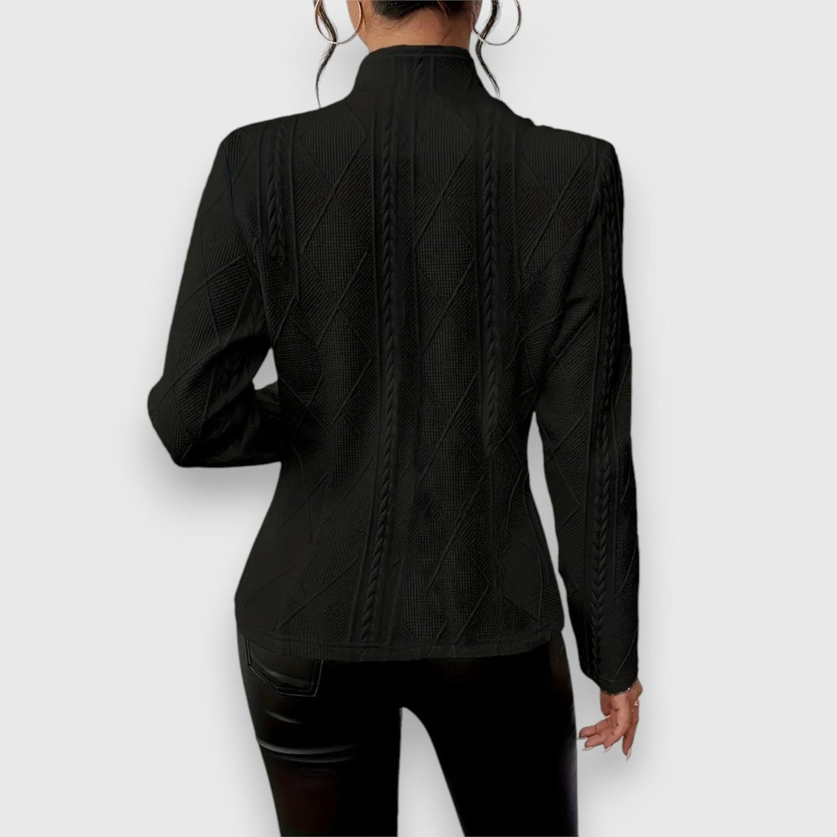 Loretta cable-textured button cardigan in black, back view