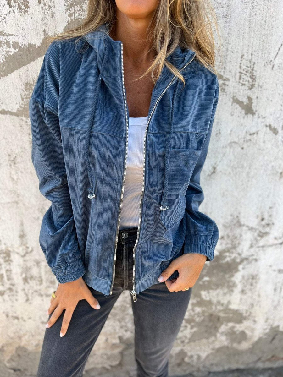 Lauren ribbed hooded zip jacket in blue, front view